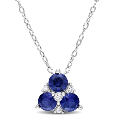 Mimi & Max 1 1/2 Ct Tgw Created Blue Sapphire And Created White Sapphire 3-stone Pendant With Chain In Sterling
