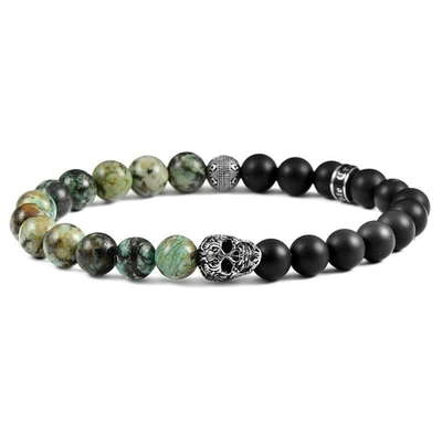Crucible Jewelry Crucible Los Angeles Single Skull Stretch Bracelet With 8mm Matte Black Onyx And African Turquoise O