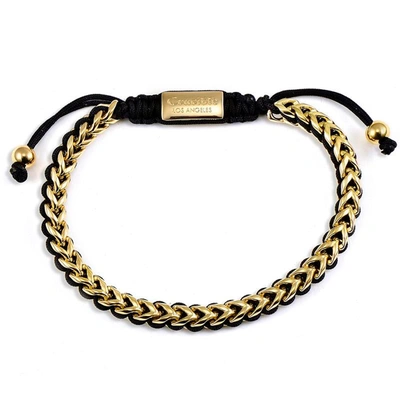 Crucible Jewelry Crucible Los Angeles Stainless Steel 6mm Franco Chain Bracelet With Woven Black Cord On Shocker Tie In Gold