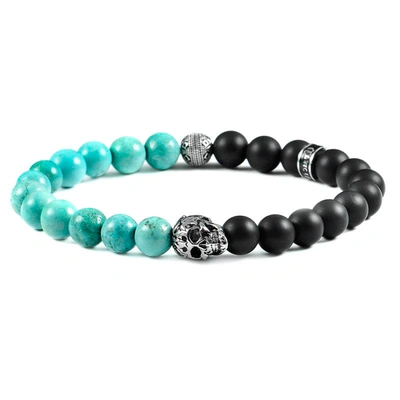 Crucible Jewelry Crucible Los Angeles Single Skull Stretch Bracelet With 8mm Matte Black Onyx And Genuine Turquoise O In Blue