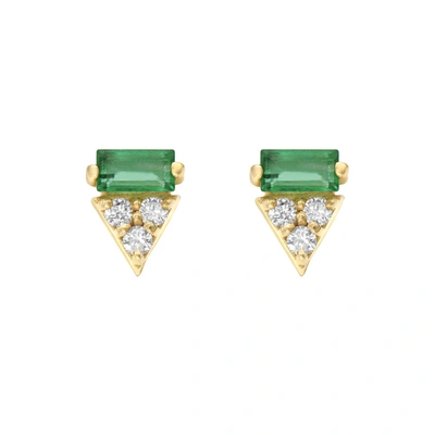 Fine Jewelry Baguette Emerald Diamond Triangle Stud Earrings 14k Gold In Green
