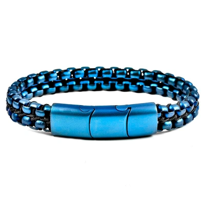 Crucible Jewelry Crucible Los Angeles Blue Matte Finish Stainless Steel Double Row Box Chain Bracelet