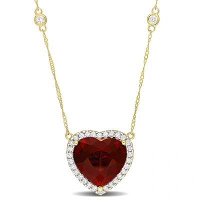 Mimi & Max 10 1/3ct Tgw Heart-cut Garnet And 3/8ct Tdw Diamond Halo Necklace In 14k Yellow Gold In Red