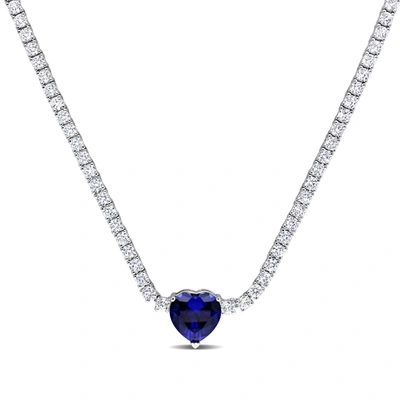 Mimi & Max 18 Ct Tgw Heart Shaped Created Blue Sapphire And Created White Sapphire Tennis Necklace In Sterling  In Black