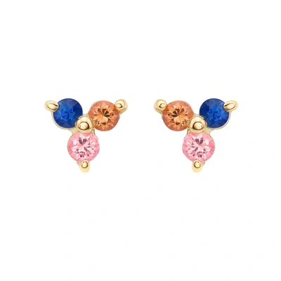 Fine Jewelry Three Point Multi-color Sapphire Flower Stud Earring 14k Gold In Blue