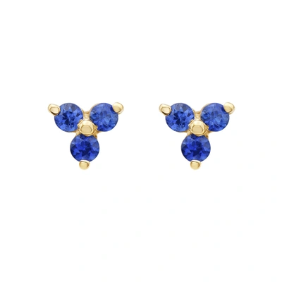 Fine Jewelry Three Point Sapphire Flower Stud Earring 14k Gold In Blue