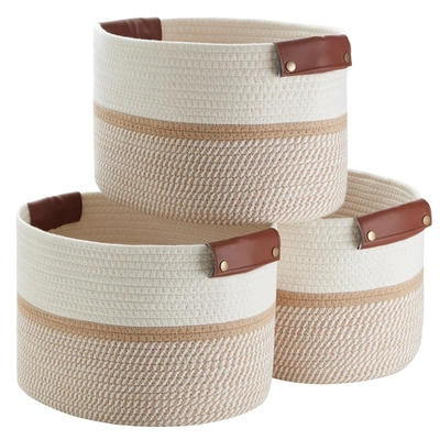 Ornavo Home 3 Pack Woven Cotton Rope Shelf Storage Basket With Leather Handles