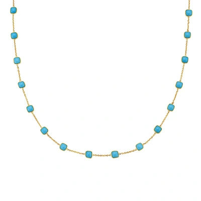 Fine Jewelry 18" Real Turquoise Station Necklace 18k Gold In Blue