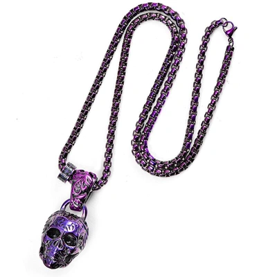 Crucible Jewelry Crucible Los Angeles Blue Stainless Steel 35mm Skull Necklace On 28 Inch 5mm Box Chain In Purple
