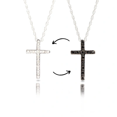 Max + Stone Sterling Silver Diamond Reversible White & Black Diamond Cross Necklace With Adjustable 18" Or 20" R