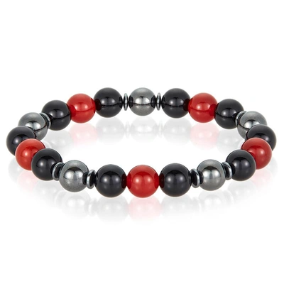 Crucible Jewelry Crucible Los Angeles 10mm Bead Stretch Bracelet Featuring Red Agate, Shiny Black Onyx And Magnetic H