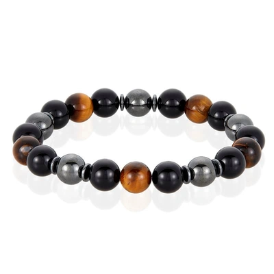 Crucible Jewelry Crucible Los Angeles 10mm Bead Stretch Bracelet Featuring Tiger Eye, Shiny Black Onyx And Magnetic H