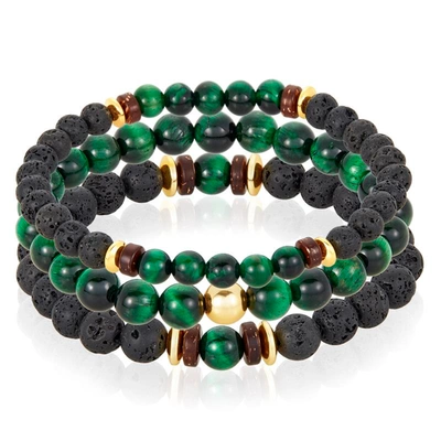 Crucible Jewelry Crucible Los Angeles 3 Pack Green Tiger Eye, Lava, Wood And Gold Hematite Bead Stretch Bracelets