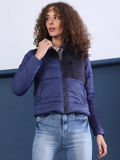 Campus Sutra Women Colorblock Stylish Casual Bomber Jacket In Blue