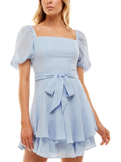 B Darlin Womens Textured Puff Sleeve Mini Dress In Blue