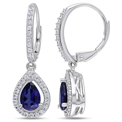 Mimi & Max 2 7/8 Ct Tgw Created Blue And White Sapphire Teardrop Leverback Earrings In Sterling Silver