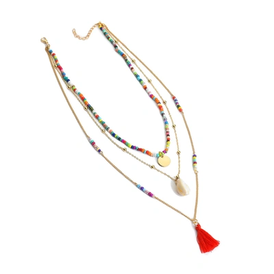 Sohi Pack Of 3 Gold Plated Beaded Necklace In Red