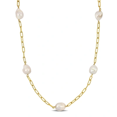 Mimi & Max 12-14 Mm Cultured Freshwater Coin Pearl Station Chain Necklace In 18k Yellow Gold Plated Sterling Si In White