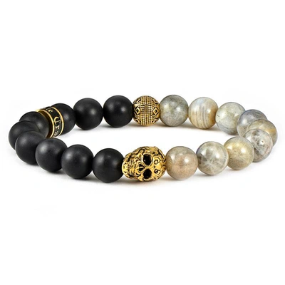 Crucible Jewelry Crucible Los Angeles Single Gold Skull Stretch Bracelet With 10mm Matte Black Onyx And Labradorite B
