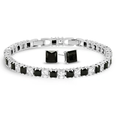 Max + Stone Silver Plated Black White Cubic Zirconia Princess Tennis Bracelet & Earrings Set