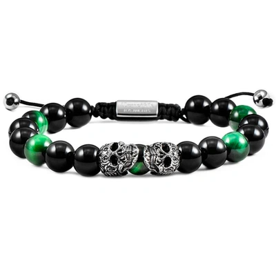 Crucible Jewelry Crucible Los Angeles Double Skull Adjustable Bracelet With Green Tiger Eye And Black Onyx Beads