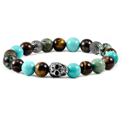Crucible Jewelry Crucible Los Angeles Single Skull Stretch Bracelet With 10mm Tiger Eye, Genuine Turquoise, African T In Blue