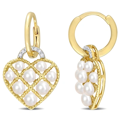 Mimi & Max 2.5-3 Mm Cultured Freshwater Pearl And Diamond Accent Heart Hoop Earrings In Yellow Plated Sterling 