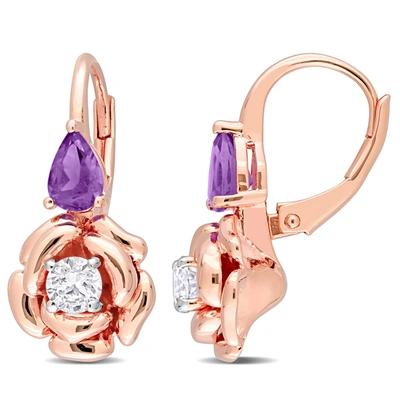Mimi & Max 1 1/3 Ct Tgw Pear-shape African Amethyst And White Topaz Rose Leverback Earrings In Purple