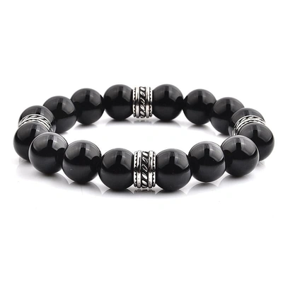 Crucible Jewelry Crucible Los Angeles Polished Onyx And Steel Tribal Beaded Stretch Bracelet (12mm) In Black