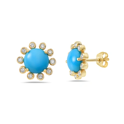 Fine Jewelry Floral Diamond Halo Round Real Turquoise Cabochon Halo Earrings 18k Gold In Blue