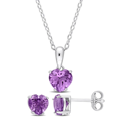 Mimi & Max 2 1/10 Ct Tgw Heart-shape Amethyst Emerald 2-piece Set Of Pendant With Chain And Earrings In Sterlin In Purple