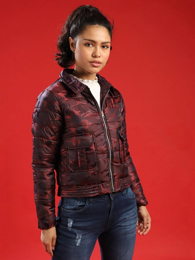 Campus Sutra Women Graphic Design Stylish Casual Bomber Jacket In Red