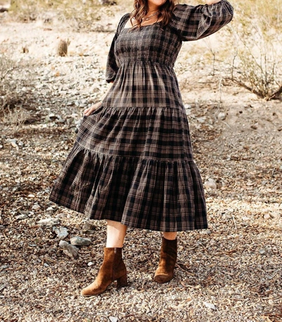 Grade & Gather Smocked Tiered Midi Plaid Dress In Charcoal/camel In Black |  ModeSens