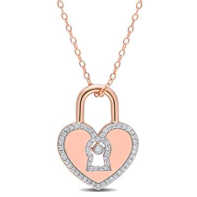 Mimi & Max 1/5 Ct Tw Diamond Heart Lock Pendant With Chain In Rose Plated Sterling Silver In White