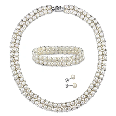 Mimi & Max Women's 3pc Set Of 6-8mm Freshwater Cultured Pearl Necklace Double Row Bracelet And Stud Earrings W/ In Silver