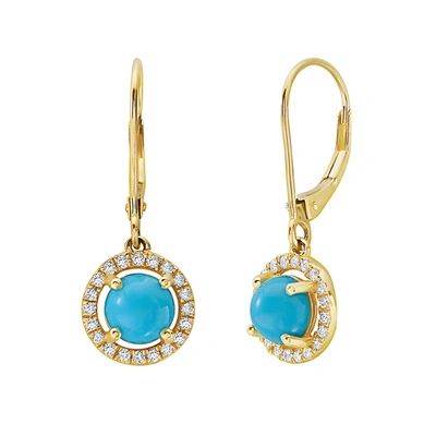 Fine Jewelry Diamond Halo Real Turquoise Round Cabochon Drop Earrings 14k Gold In Blue