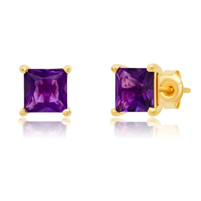 Paige Novick 14k Yellow Gold 6mm Princess Cut Gemstone Stud Earrings In Purple