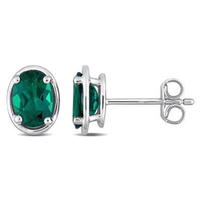Mimi & Max Women's 1 3/5ct Tgw Created Emerald Bezel Style Oval Stud Earrings In Sterling Silver In Green