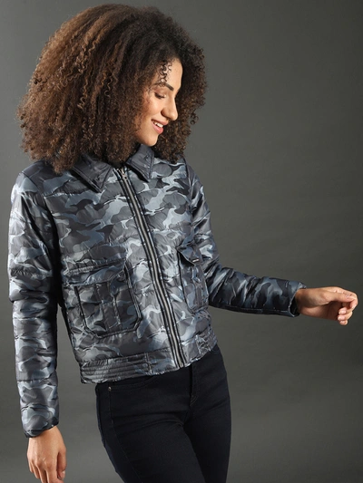 Campus Sutra Women Camouflage Stylish Casual Bomber Jacket In Silver