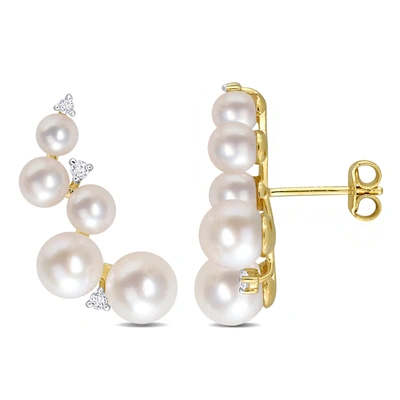Mimi & Max Freshwater Cultured Pearl And 1/4 Ct Tgw White Topaz Climber Earrings In Yellow Gold Plated Sterling