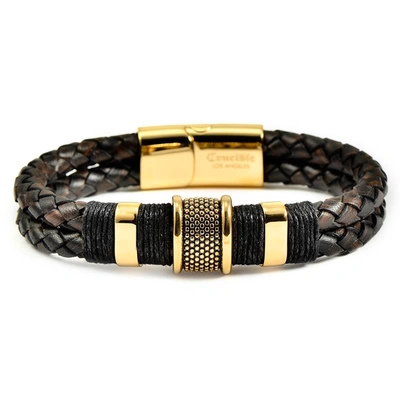 Crucible Jewelry Crucible Los Angeles Dark Brown Leather And Gold Ip Stainless Steel Beads In Black