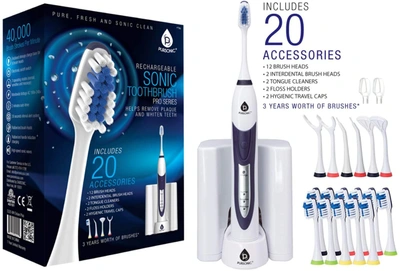 Pursonic Ultra High Powered Sonic Electric Toothbrush With Dock Charger, 12 Brush Heads & More! (value Pack)w