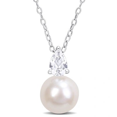 Mimi & Max 8.5-9 Mm White Freshwater Cultured Pearl And 5/8 Ct Tgw Created White Sapphire Solitaire Pendant Wit In Silver