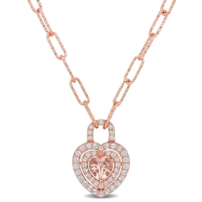 Mimi & Max 1 5/8 Ct Tgw Morganite And White Topaz Halo Heart Pendant In 18k Rose Gold Plated Sterling Silver