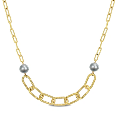 Mimi & Max 9-10 Mm Grey Cultured Freshwater Pearl Chain Bar Necklace In 18k Yellow Gold Plated Sterling Silver In White
