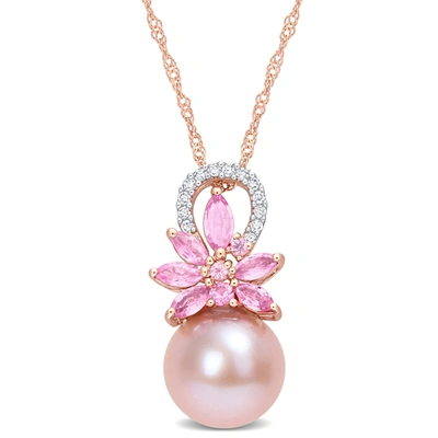 Mimi & Max 9.5-10 Mm Cultured Freshwater Pearl And 1/2 Ct Tgw Pink Sapphire Andnd Diamond Accent Flower Pendant