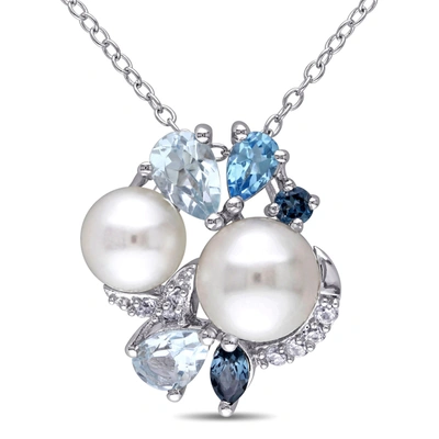 Mimi & Max London, Swiss And Sky Blue Topaz And Created White Sapphire And White Cultured Freshwater Pearl Clus In Silver