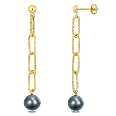 Mimi & Max 9-10mm Grey Cultured Freshwater Pearl Oval Link Earrings In 18k Yellow Gold Plated Sterling Silver In White