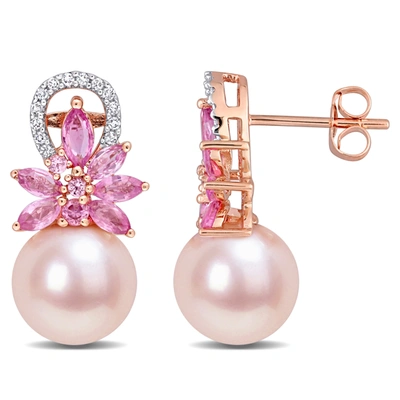 Mimi & Max 9-9.5 Mm Pink Cultured Freshwater Pearl And Pink Sapphire And 1/8 Ct Tw Diamond Flower Drop Earrings