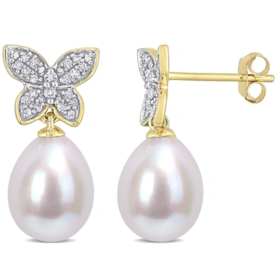Mimi & Max 8.5-9 Mm Freshwater Cultured Pearl And 1/8 Ct Tdw Diamond Butterfly Drop Earrings In 10k Yellow Gold In White